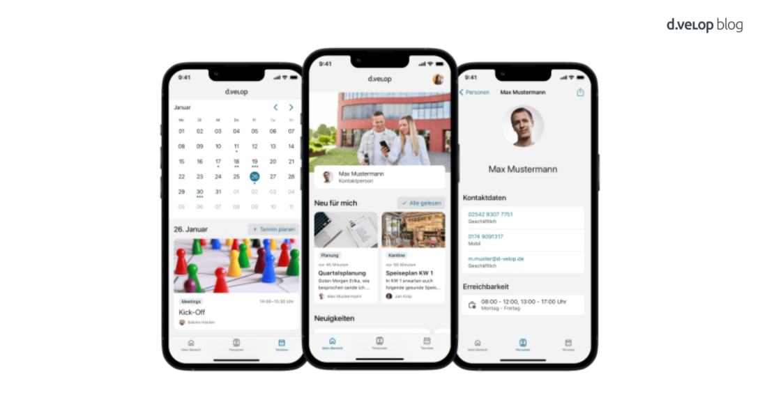 Das Bild zeigt die d.velop Mitarbeiter-App auf einem Smartphone