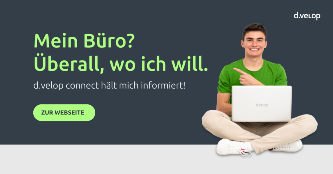 Call to Action Grafik zeigt einen Mann am Laptop und der Text sagt: Mein Büro? Überall, wo ich will. 