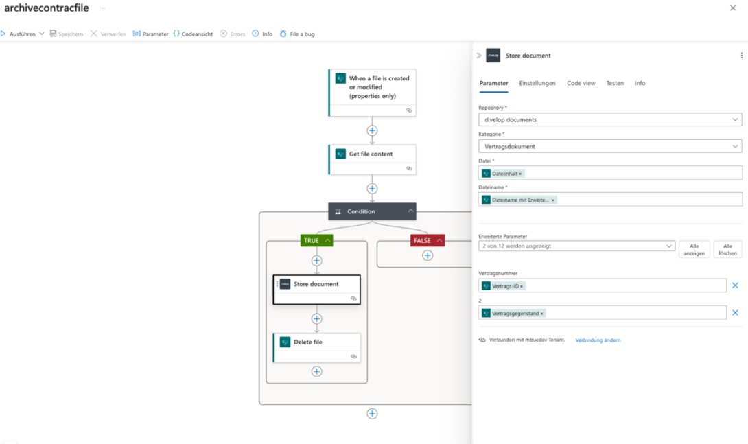 Workflow zur automatisierten Vertragsarchivierung mit Microsoft Power Automate und d.velop documents. Der Prozess speichert Vertragsdokumente, überprüft Bedingungen und löscht Dateien basierend auf definierten Regeln.