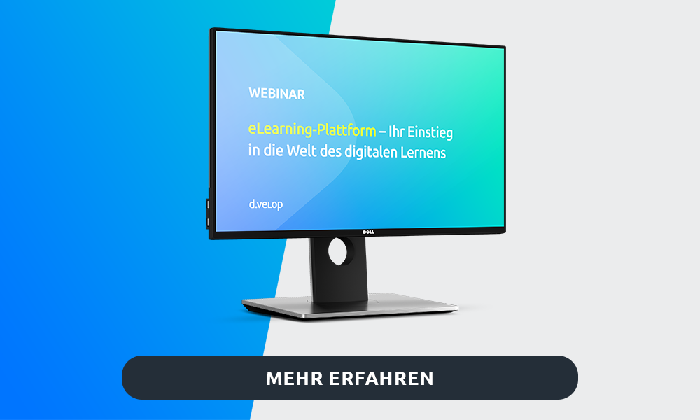 Computer-Bildschirm mit Ankündigung des Webinars der d.velop Gruppe zum Thema eLearning-Plattform