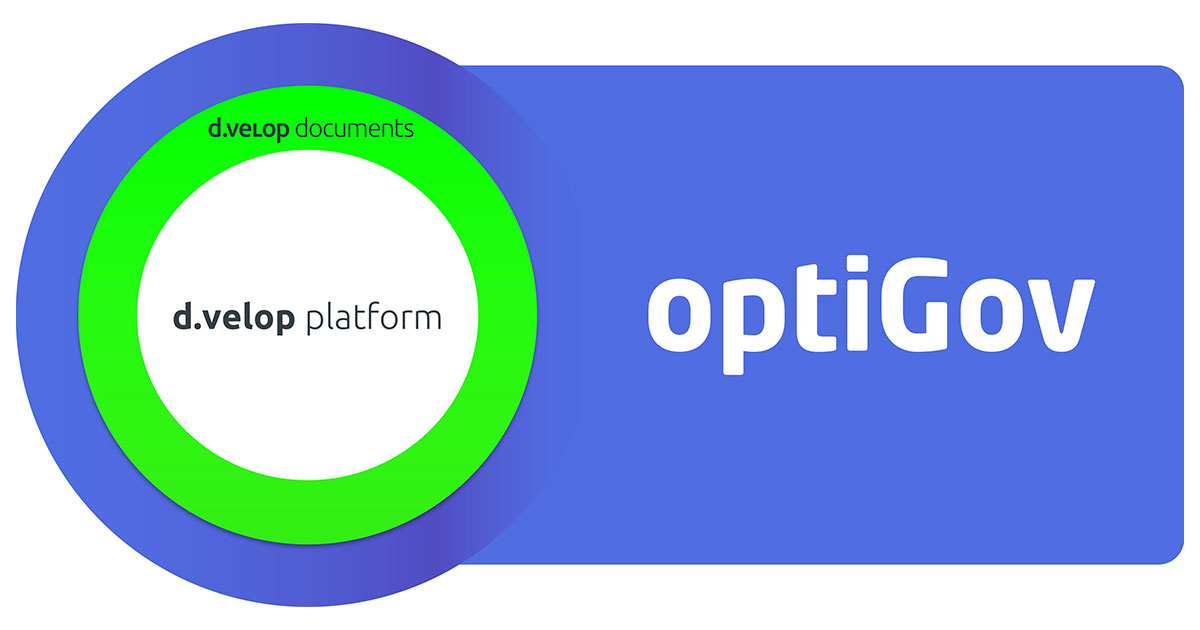 Grafische Darstellung des eGovernment portals von optiGov und d.velop mit d.velop platform inmitten zweier Kreise und dem optiGov-Logo daneben.