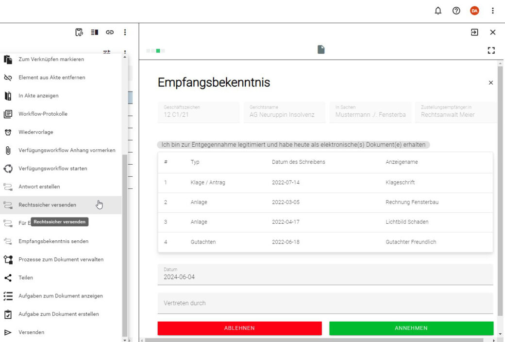 Ansicht vom Empfangsbekenntnis im Dokumentenmanagement-System der d.velop