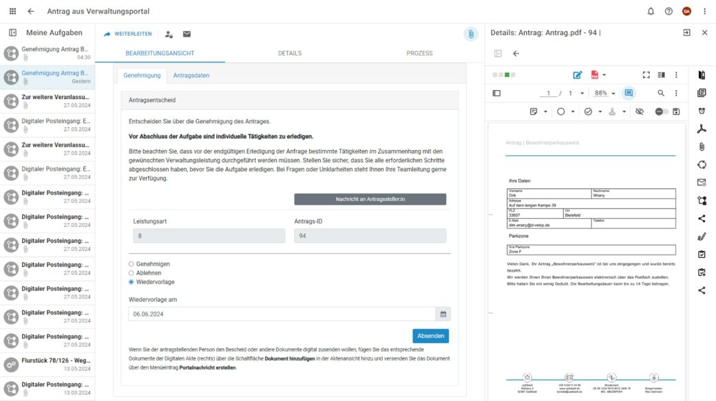 Screenshot eines Antrags aus dem Verwaltungsportal d.velop egovernment portal