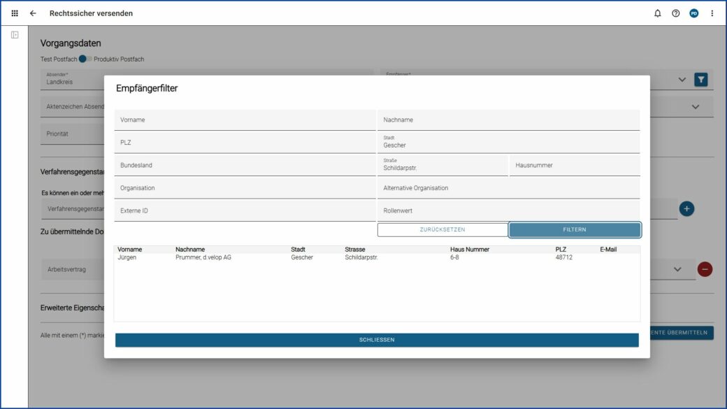 Scrrenshots des Empfängerfilters im elektronischen Rechtsverkehr zwischen Behörden und Justiz