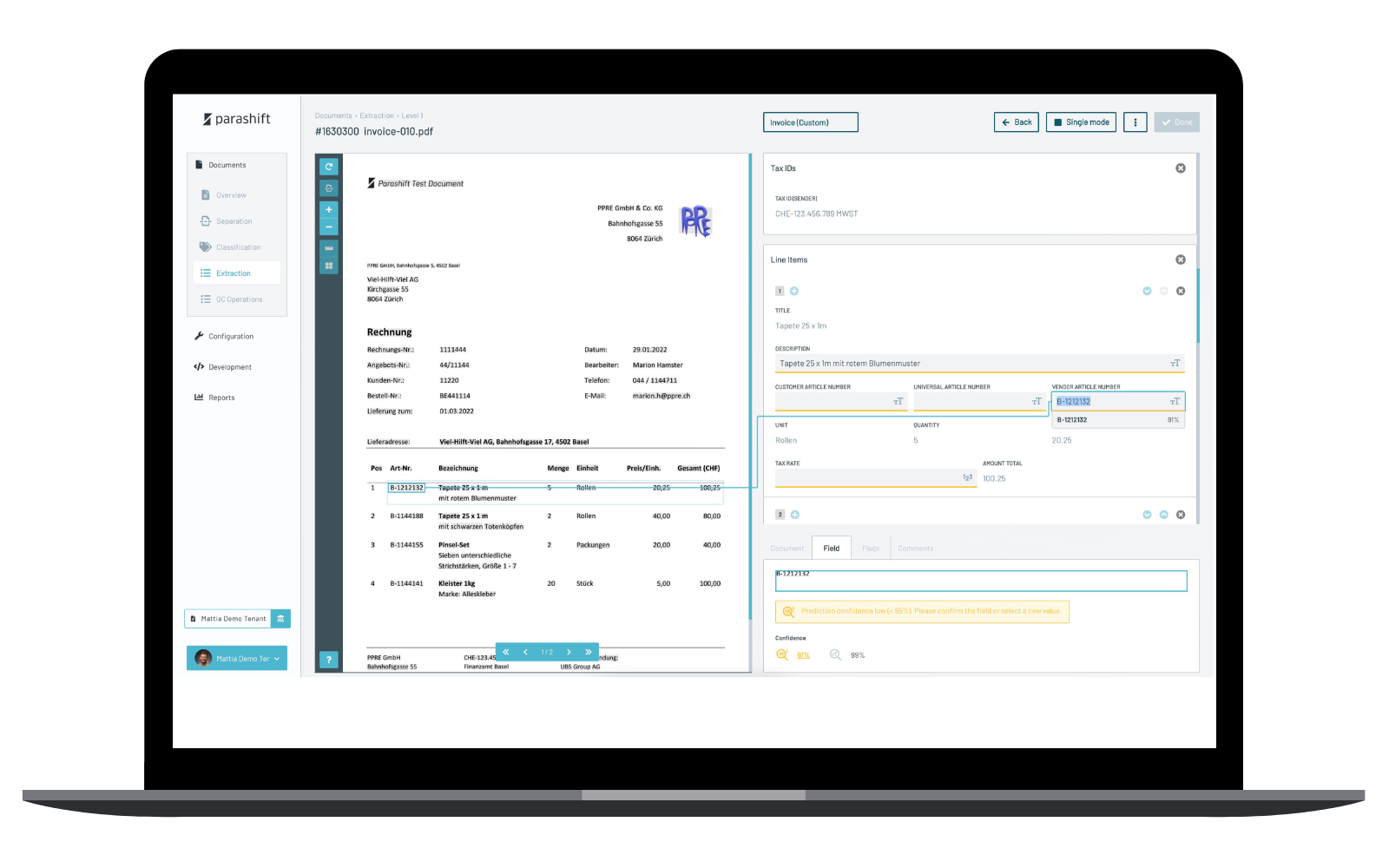 Screenshot der KI App Parashift for Invoice Processing